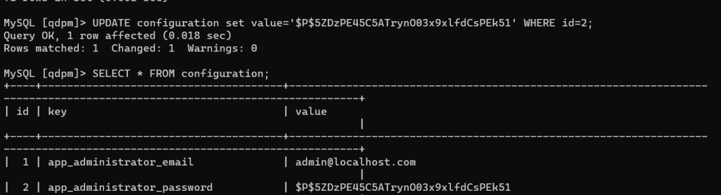 Updated password in the qdpm databse